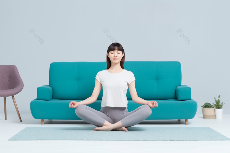 蓝绿色室内女人瑜伽晨练冥想模特养生健身,高清,摄影图,摄影图片,图片大全,摄影图免费下载